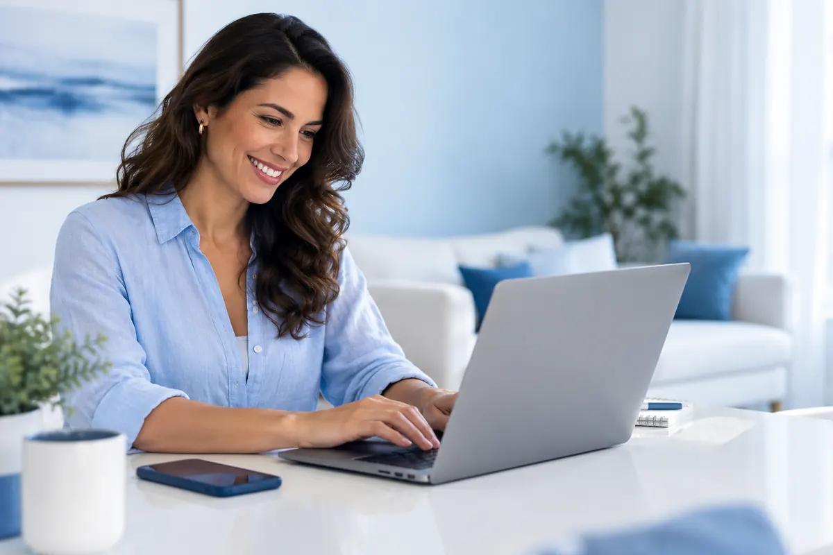 Mulher usando notebook em casa