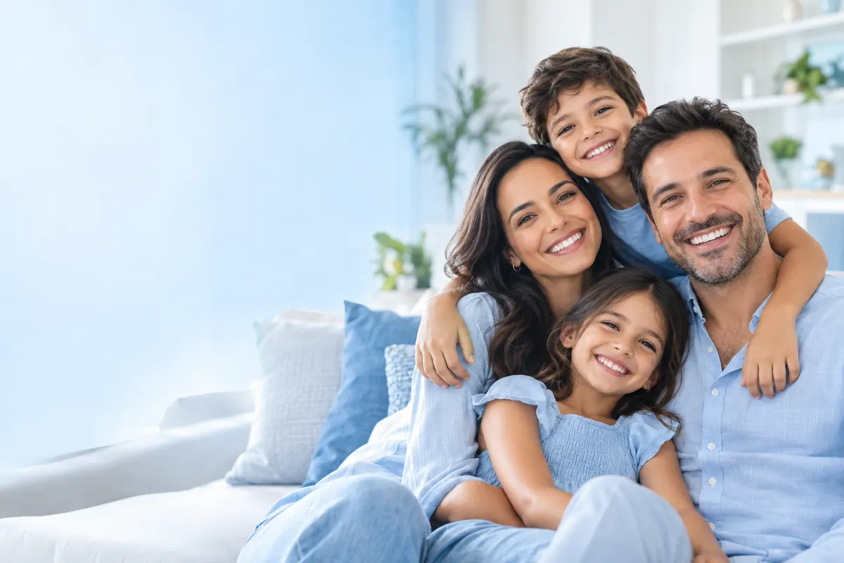 Família sorrindo em ambiente acolhedor