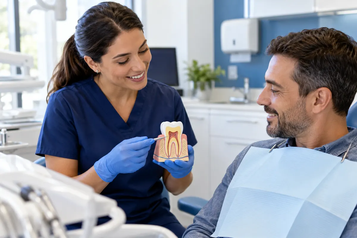 Dentista explicando cuidados bucais com modelo de dente
