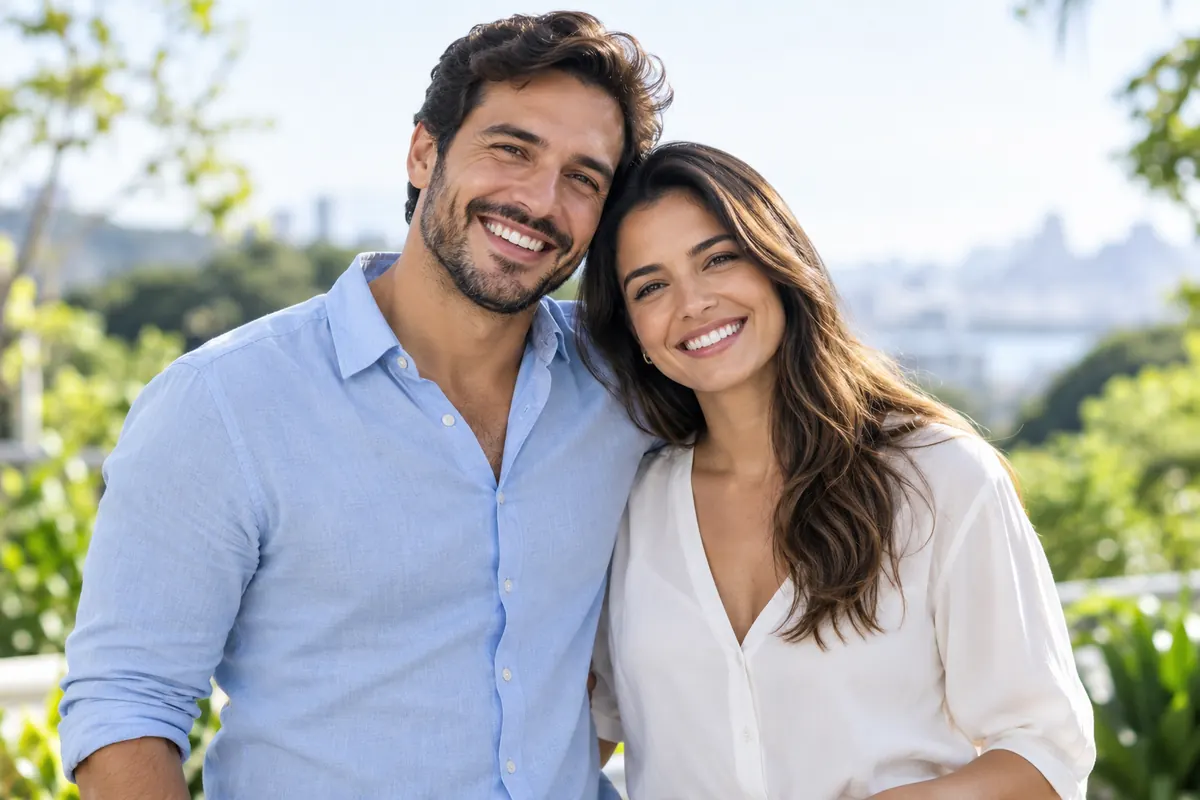 Casal sorrindo ao ar livre